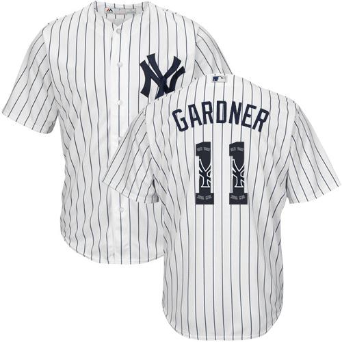 Yankees #11 Brett Gardner White Strip Team Logo Fashion Stitched MLB Jersey